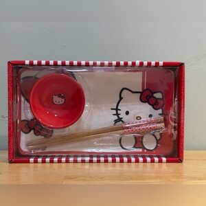 HELLO KITTY RED AND WHITE CERAMIC SUSHI PLATE SET MADE BY SANRIO.